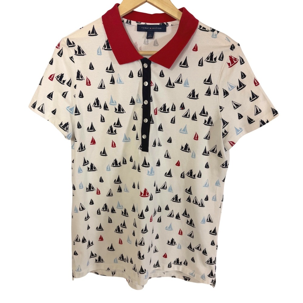 Tommy Hilfiger Polo Womens L White Sailboat Nautical Short Sleeve Preppy Top